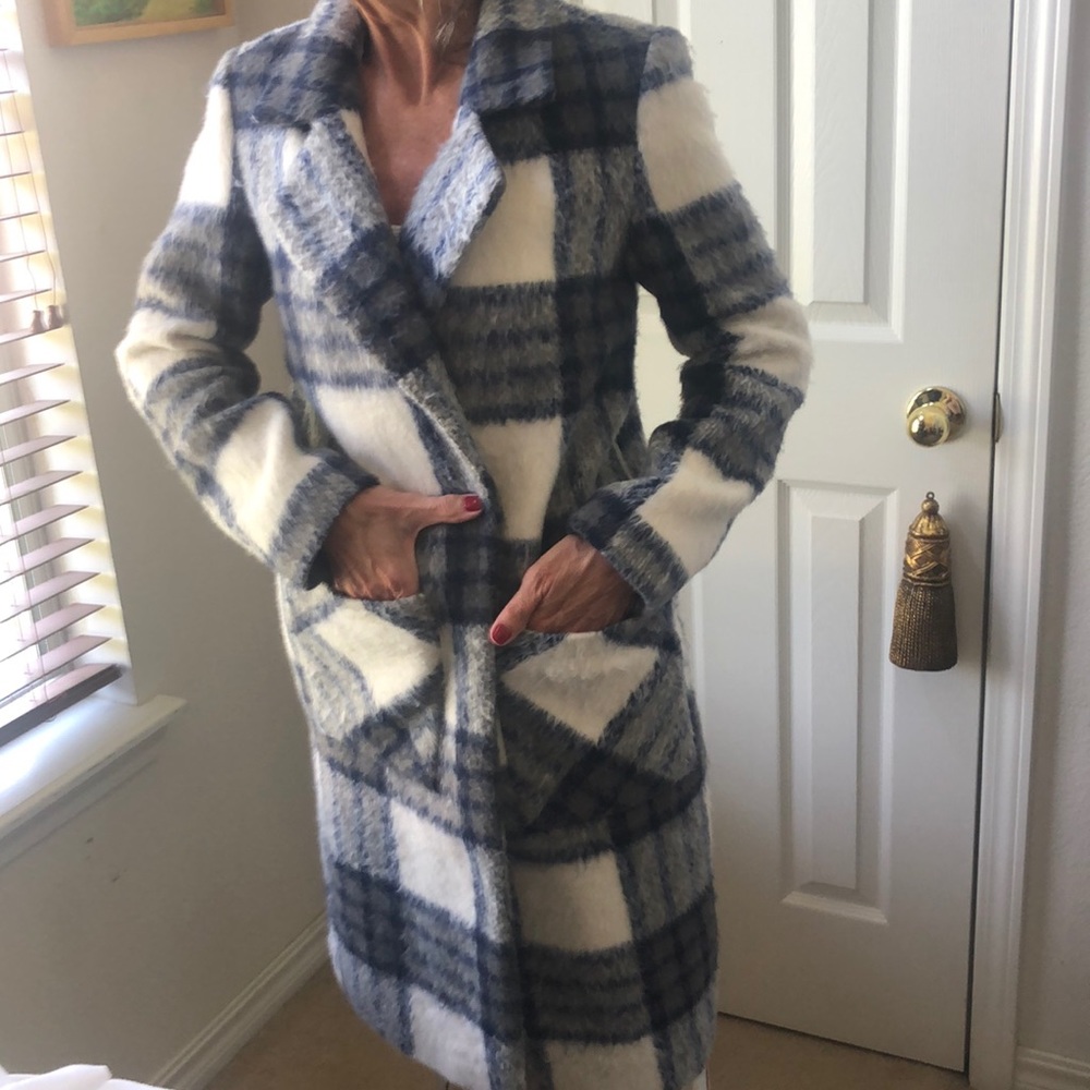 Blue,grey, cream plaid coat